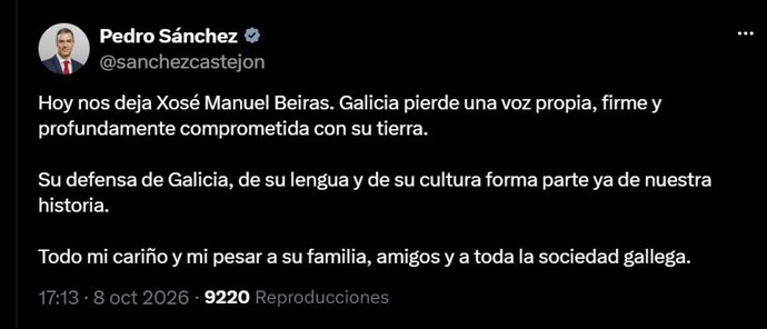 Tuit de Pedro Sánchez en recuerdo de Xosé Manuel Beiras