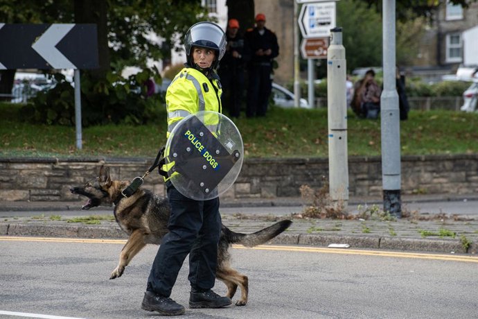 October 3, 2026, Dover, United Kingdom: A member of the police dog unit with her German Shepherd during a demonstration in Dover. Supporters of the English Defence League (EDL) gathered in Dover, UK to march through the town all the way to the harbour. En