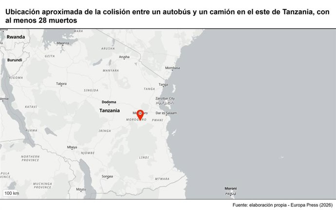 Archivo - Ubicación aproximada de la colisión entre un autobús y un camión en el este de Tanzania, con al menos 28 muertos