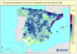España registra 29 l/m2 de lluvias acumuladas en la primera semana del año hidrológico, más de los 13 l/m2 habituales.