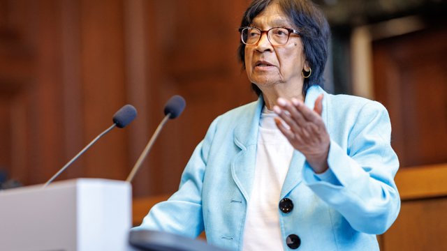 09 October 2026, Bavaria, Nürnberg: South African lawyer Navanethem "Navi" Pillay speaks at the Nuremberg Forum in Nuremberg following the announcement that she is the recipient of the 2026 Nobel Peace Prize.