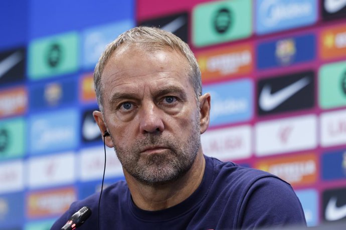 Hansi Flick, head coach of FC Barcelona, attends his press conference during the training day of FC Barcelona ahead the Spanish League, LaLiga EA Sports, football match against Getafe CF at Ciudad Esportiva Joan Gamper on October 09, 2026 in Sant Joan Des