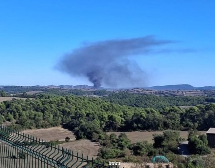 Bombers trabaja en un incendio en una empresa de plásticos en Santa Coloma de Queralt (Tarragona)