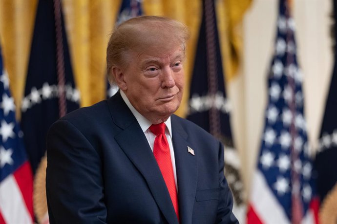 October 9, 2026, Washington, District Of Columbia, USA: United States President Donald J Trump makes remarks as he hosts a Columbus Day Celebration in the East Room of the White House in Washington, DC, USA on Friday, October 8, 2026