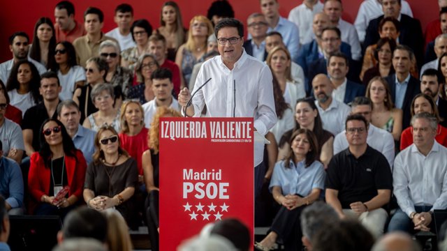 El secretario general del PSOE de Madrid, candidato a la Presidencia de la Comunidad de Madrid y ministro para la Transformación Digital y de la Función Pública, Óscar López, durante el acto de presentación de candidaturas del PSOE de Madrid para las elec