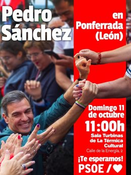 Cartel del acto de Pedro Sánchez el domingo en León.