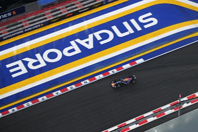 SINGAPORE, Oct. 10, 2026  -- Red Bull's Max Verstappen of the Netherlands drives during the sprint of the Formula One Singapore Grand Prix at the Marina Bay Street Circuit, on Oct. 10, 2026.