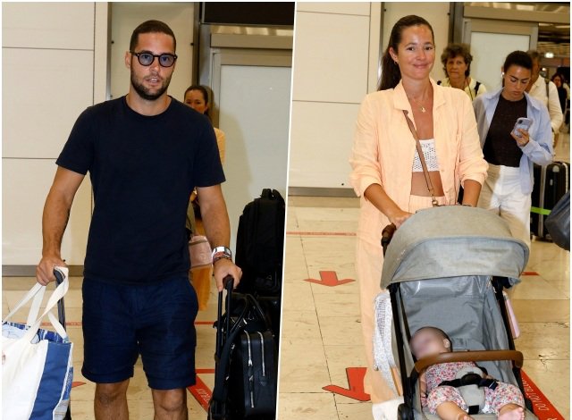 Malena Costa y Mario Suárez llegan a Madrid junto a su bebé, Margot, de seis meses
