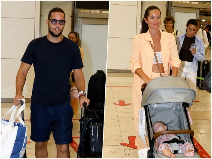 Malena Costa y Mario Suárez llegan a Madrid junto a su bebé, Margot, de seis meses
