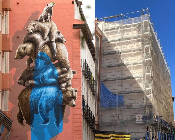 En la parte izquierda el mural 'Offset' y en la derecha el aspecto actual de la pared que acogía el mural