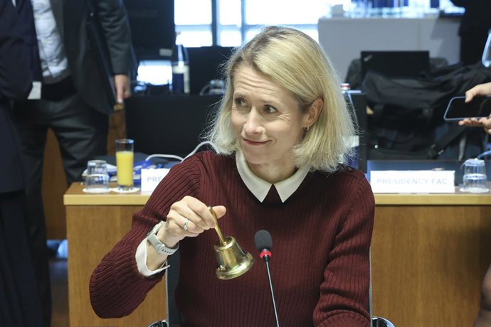 A Alta Representante da União Europeia para a Política Externa, Kaja Kallas, durante o Conselho de Relações Externas (CRE) que está sendo realizado nesta segunda-feira em Luxemburgo.
