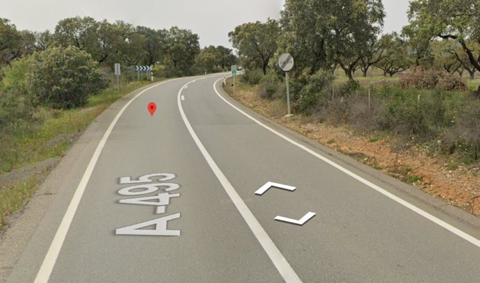Kilómetro 56 de la A-495, en Cabezas Rubias (Huelva), donde se registró un accidente mortal de tráfico el 9 de octubre de 2026.