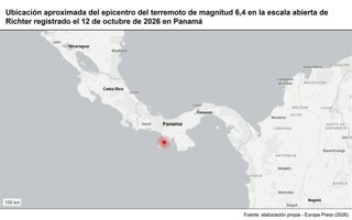 Archivo - Ubicación aproximada del epicentro del terremoto de magnitud 6,4 en la escala abierta de Richter registrado el 12 de octubre de 2026 en Panamá