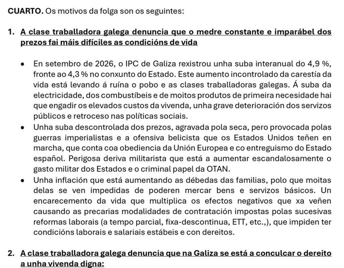 Parte del escrito de convocatoria de huelga de la CIG