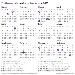 Infografía con calendario laboral para 2027 para Baleares.