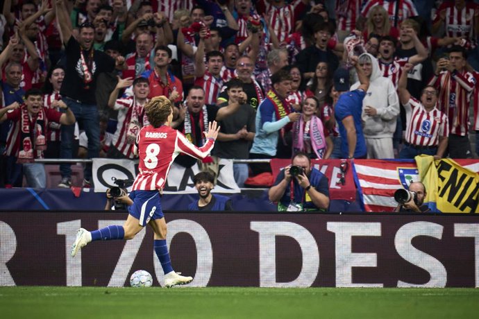 Pablo Barrios of Atletico de Madrid celebrates a goal during the UEFA Champions League 2026/27 League Phase MD2 match between Atletico de Madrid and Manchester United at Estadio Metropolitano on October 13, 2026 in Madrid, Spain.