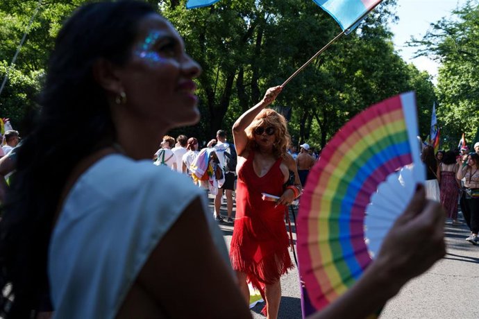 Archivo - Una persona ondea la bandera trans, durante la manifestación estatal del Orgullo LGTBI+ 2026, a 4 de julio de 2026, en Madrid (España). 