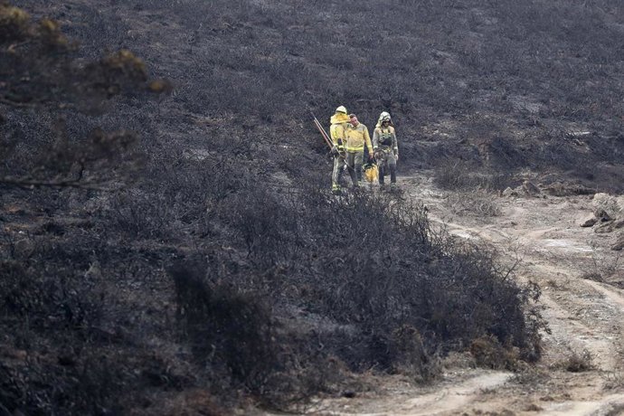 Varios bomberos trabajan sobre el terreno quemado, a 30 de septiembre de 2026, en Ourol, Lugo, Galicia.
