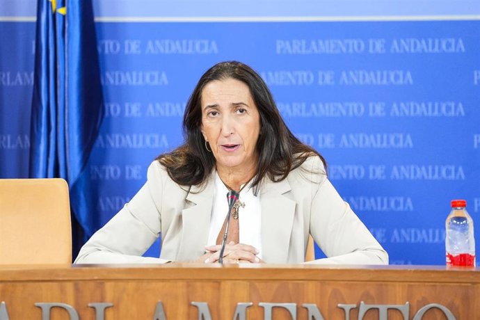 La portavoz adjunta del Grupo Parlamentario VOX, Paula Badanelli, durante la ronda de ruedas de prensa de portavoces de los grupos parlamentarios en el Parlamento de Andalucía. A 14 de octubre de 2026 en Sevilla (Andalucía, España). Los portavoces de los 