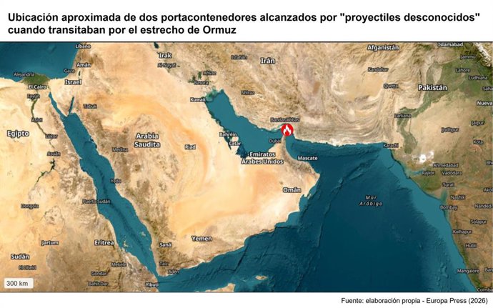 Archivo - Arquivo - Localização aproximada de dois navios porta-contêineres atingidos por “projéteis desconhecidos” enquanto navegavam pelo Estreito de Ormuz