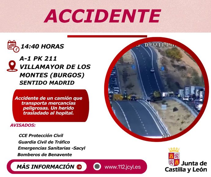 Un herido en Villamayor de los Montes (Burgos) por la salida de vía de un camión con mercancías peligrosas
