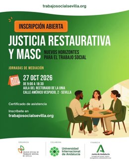 Cartel de la jornada profesional 'Justicia Restaurativa y MASC: nuevos horizontes para el Trabajo Social'.