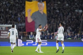 Kylian Mbappe of Real Madrid CF celebrates after scoring his team's first goal during the UEFA Champions League 2026/27 League Phase MD2 match between Roma and Real Madrid CF at Stadio Olimpico on Octuber 14, 2026, in Roma, Italy.