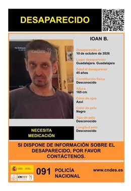 Cartel de la búsqueda de Ioan B., desaparecido en Guadalajara.