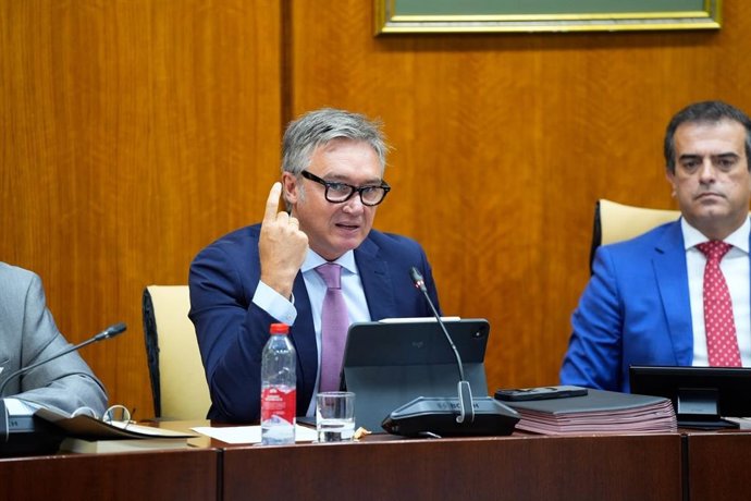 El vicepresidente primero y consejero de Justicia, Desregulación y Administración Local, Manuel Gavira, en la comisión parlamentaria del 15 de octubre de 2026.