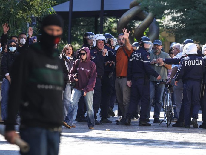 October 14, 2026, Tirana, Tirana, Albania: Arlind Qorri, leader of Movement Together (Levizja Bashke), a left-wing political party, gesture during a students protest in front of Education Ministry in Tirana, Albania, on 14 October, 2026. Students are in t