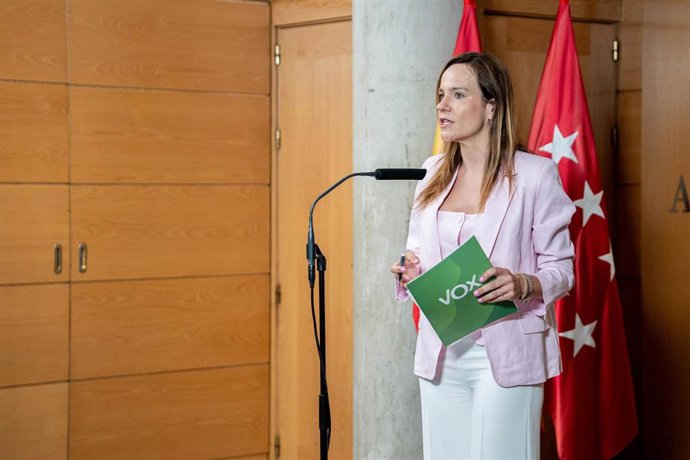 Archivo - La portavoz de Vox en la Asamblea, Isabel Pérez Moñino, ofrece declaraciones tras un pleno extraordinario, en el exterior de la Asamblea de Madrid, a 2 de julio de 2026, en Madrid (España). La Asamblea de Madrid aprueba hoy finalmente la ley par