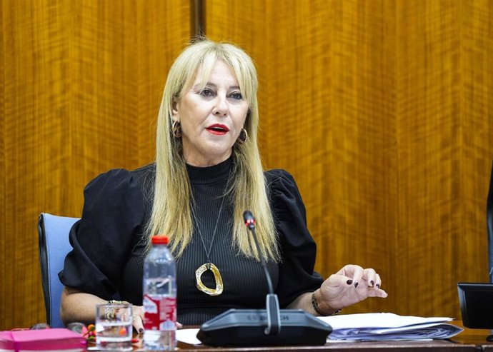 La vicepresidenta tercera y consejera de Economía, Hacienda y Fondos Europeos, Carolina España, en su intervención en la comisión del Parlamento de Andalucía.