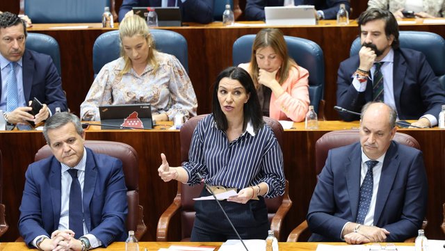 La consejera de Educación, Ciencia y Universidades de la Comunidad de Madrid, Mercedes Zarzalejo, interviene durante una sesión plenaria, en la Asamblea de Madrid, a 15 de octubre de 2026, en Madrid (España).