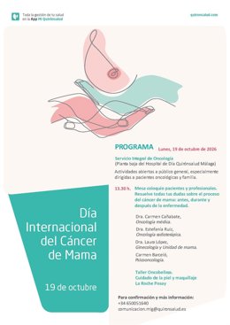 Cartel de la Jornada de Puertas abiertas en QuirónSalud Málaga con motivo del Día Internacional del Cáncer de Mama.