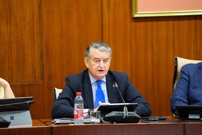 El vicepresidente primero y consejero de Presidencia, Sanidad y Emergencias, Antonio Sanz, en la comisión parlamentaria del 15 de octubre de 2026.