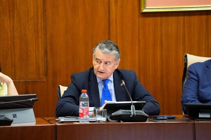 El vicepresidente primero y consejero de Presidencia, Sanidad y Emergencias de la Junta de Andalucía, Antonio Sanz, en la comisión parlamentaria del 15 de octubre de 2026.