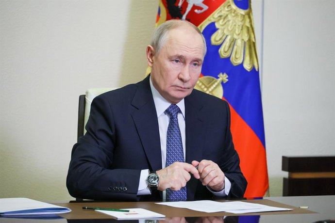 RUSSIA, MOSCOW - OCTOBER 14, 2026: Russia's President Vladimir Putin holds a video conference meeting from the Moscow Kremlin on enhancing information security