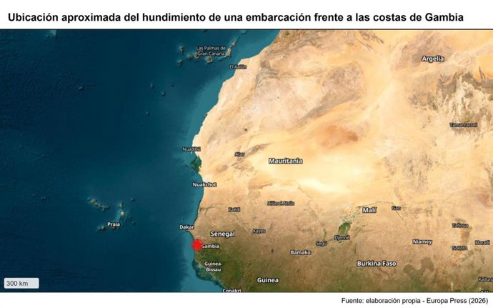 Archivo - Ubicación aproximada del hundimiento de una embarcación frente a las costas de Gambia