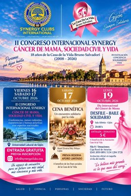 Cartel del II Congreso Synergy: 'Cáncer de Mama, Sociedad Civil y VIDA' que se celebrará en Gijón.