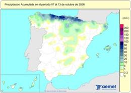 España registra 33 l/m2 de lluvias acumuladas desde el 1 de octubre, alrededor del valor normal.