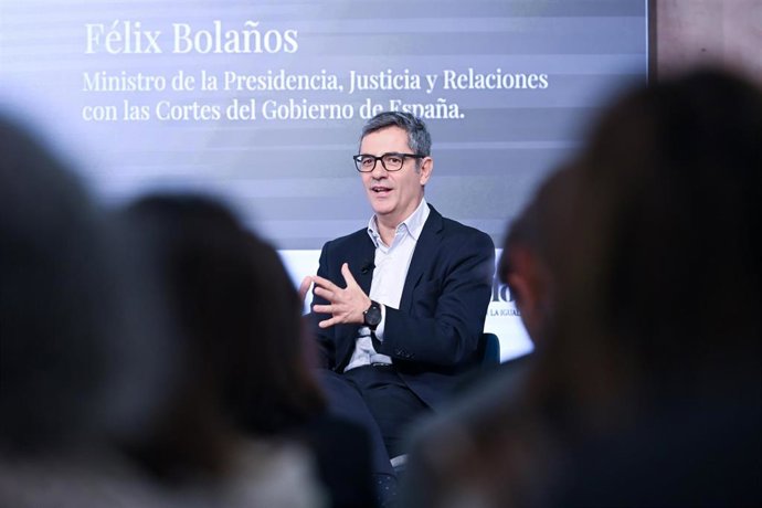 El ministro de la Presidencia, Justicia y Relaciones con las Cortes, Félix Bolaños, durante el foro ‘Ellas Preguntan’, a 16 de octubre de 2026, en Madrid (España). Organizado por el periódico digital Artículo 14, el foro reúne a figuras clave de la políti