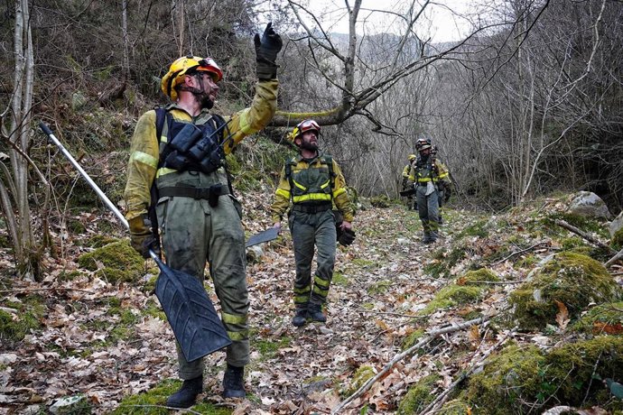 Archivo - Varios bomberos de las Brigadas de Refuerzo en Incendios Forestales (BRIF) de Cantabria trabajan en las labores de extinción de un incendio forestal en Asturias