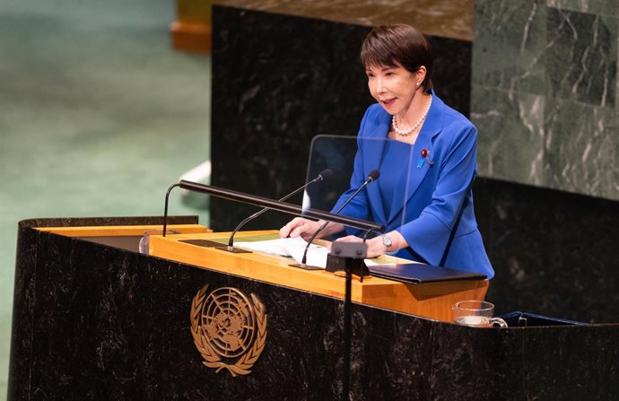 22 de setembro de 2026, Nova York, EUA: A primeira-ministra japonesa, Sanae Takaichi, profere seu primeiro discurso na Assembleia Geral das Nações Unidas durante o Debate Geral da 81ª sessão, na sede da ONU, em Nova York.