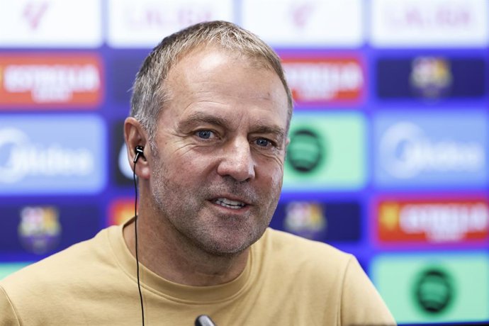 Hansi Flick, head coach of FC Barcelona, attends his press conference during the training day of FC Barcelona ahead the Spanish League, LaLiga EA Sports, football match against Real Betis at Ciudad Esportiva Joan Gamper on October 16, 2026 in Sant Joan De