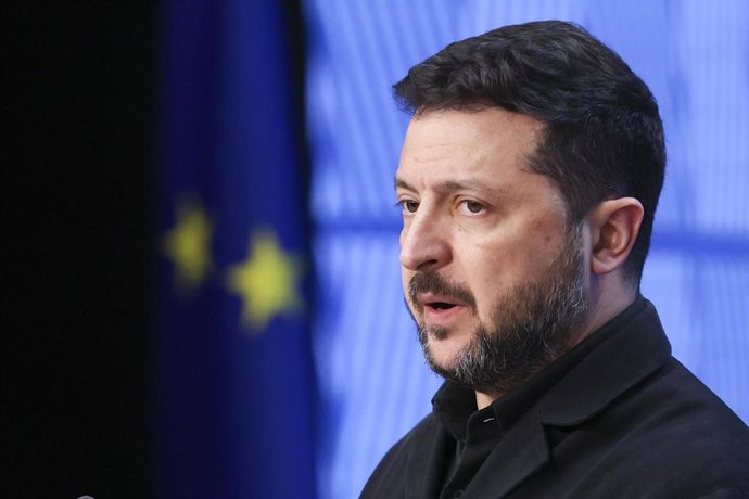 El presidente de Ucrania, Volodimir Zelenski, durante una rueda de prensa en Bruselas