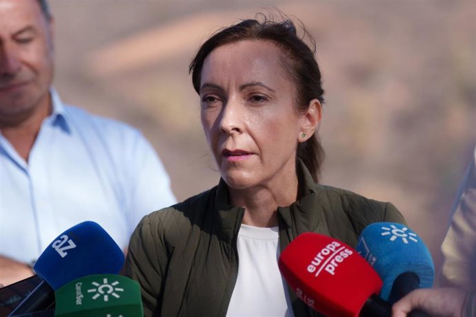 La consejera de Sostenibilidad y Medio Ambiente de la Junta de Andalucía, Fina Martínez, atiende a los medios tras visitar zonas afectadas por el incendio forestal de Niebla en el monte público Madroñalejo.
