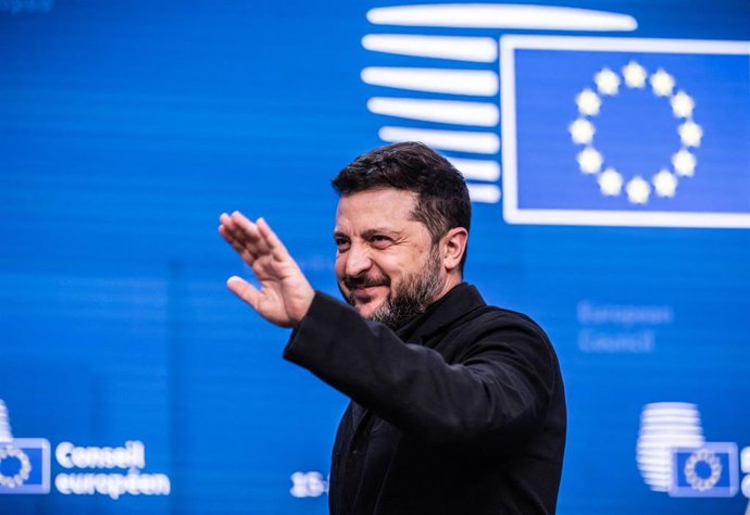 El presidente de Ucrania, Volodimir Zelenski, tras dar una rueda de prensa en Bruselas