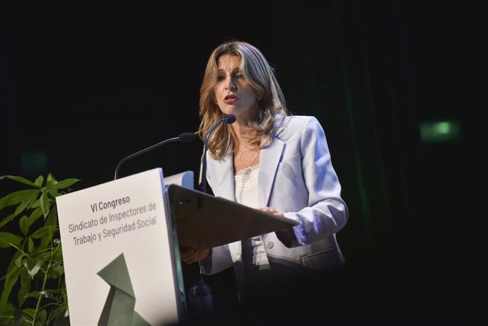 La vicepresidenta segunda y ministra de Trabajo, Yolanda Díaz, durante la celebración del  VI Congreso Nacional del Sindicato de Inspectores de Trabajo y Seguridad Social.