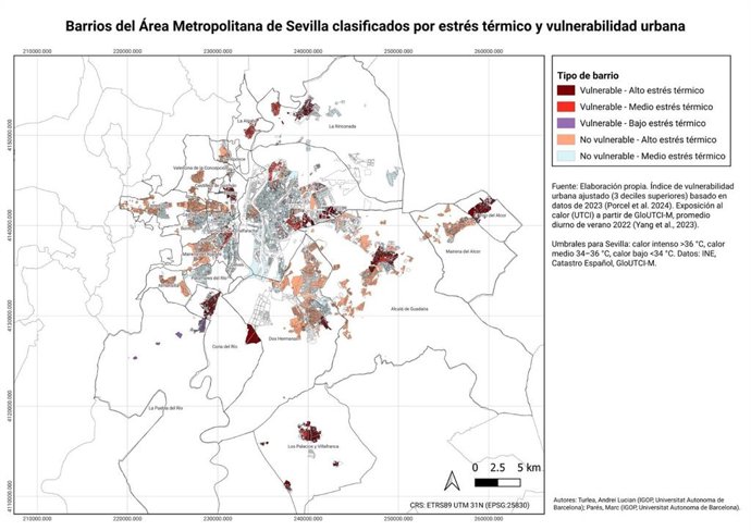 Mapa de zonas vulnerables y expuestos al calor en Sevilla