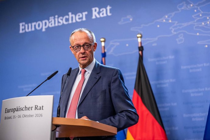 El canciller alemán, Friedrich Merz (CDU), comparece en una rueda de prensa durante la cumbre de la UE.